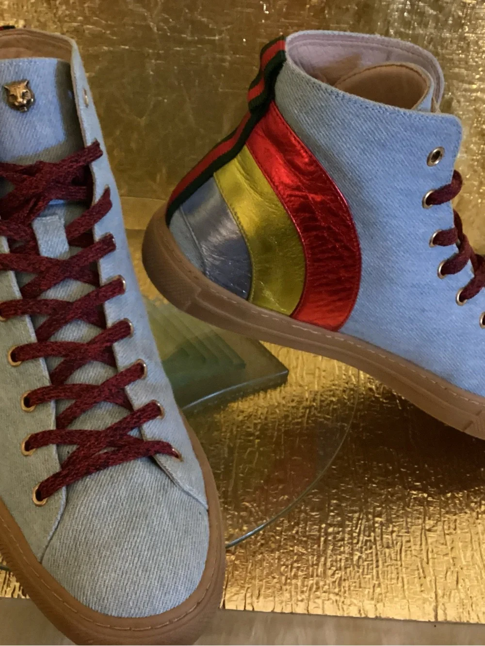Gucci Light Blue Denim High-Top Sneakers with Red, Gold, Silver Accents